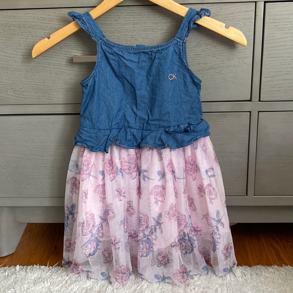 Calvin Klein Chambray Tulle Floral Dress Ruffles Pink